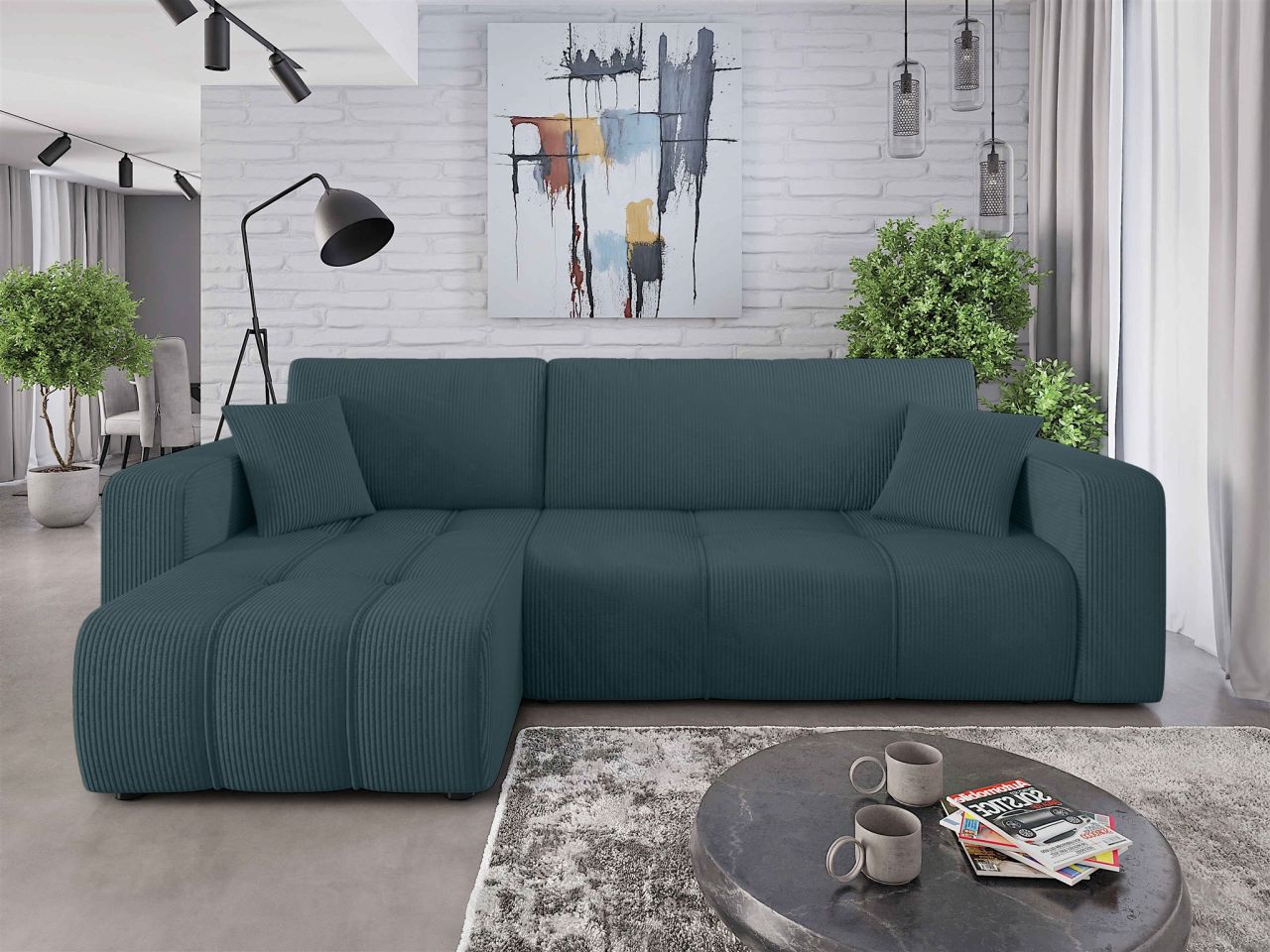 Ecksofa mit Schlaffunktion Sofa DAGNY in Stoff Poso Meeresgrün Ottomane Links