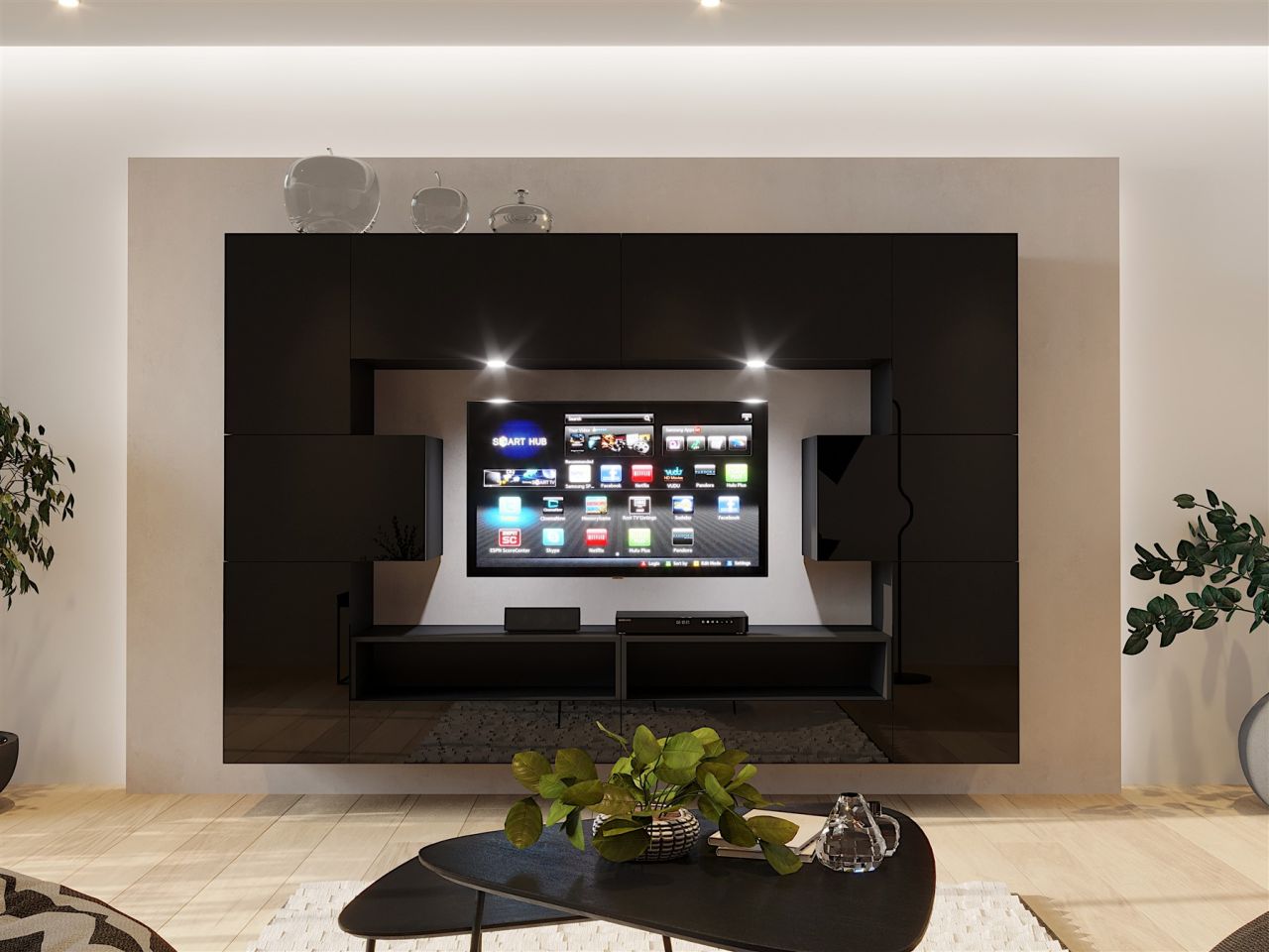 Mediawand Wohnwand 10 tlg - NEXI XL 16 - Schwarz Hochglanz inkl. LED