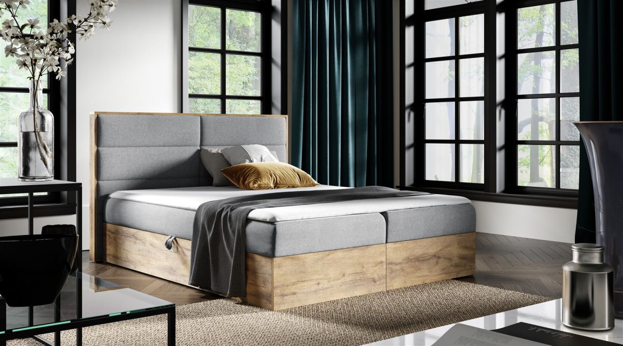 Boxspringbett Bett LAMBROS 140x200cm Lancelot Eiche Stoff Grau inkl. Bettkasten