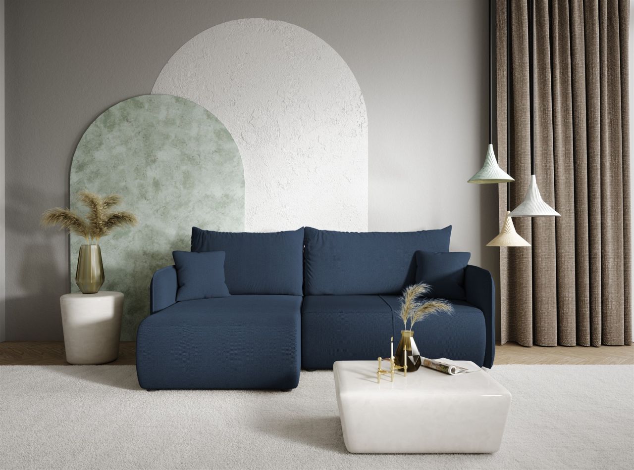 Ecksofa Sofa mit Schlaffunktion CALGARY Stoff Curio Dunkelblau Ottomane Links