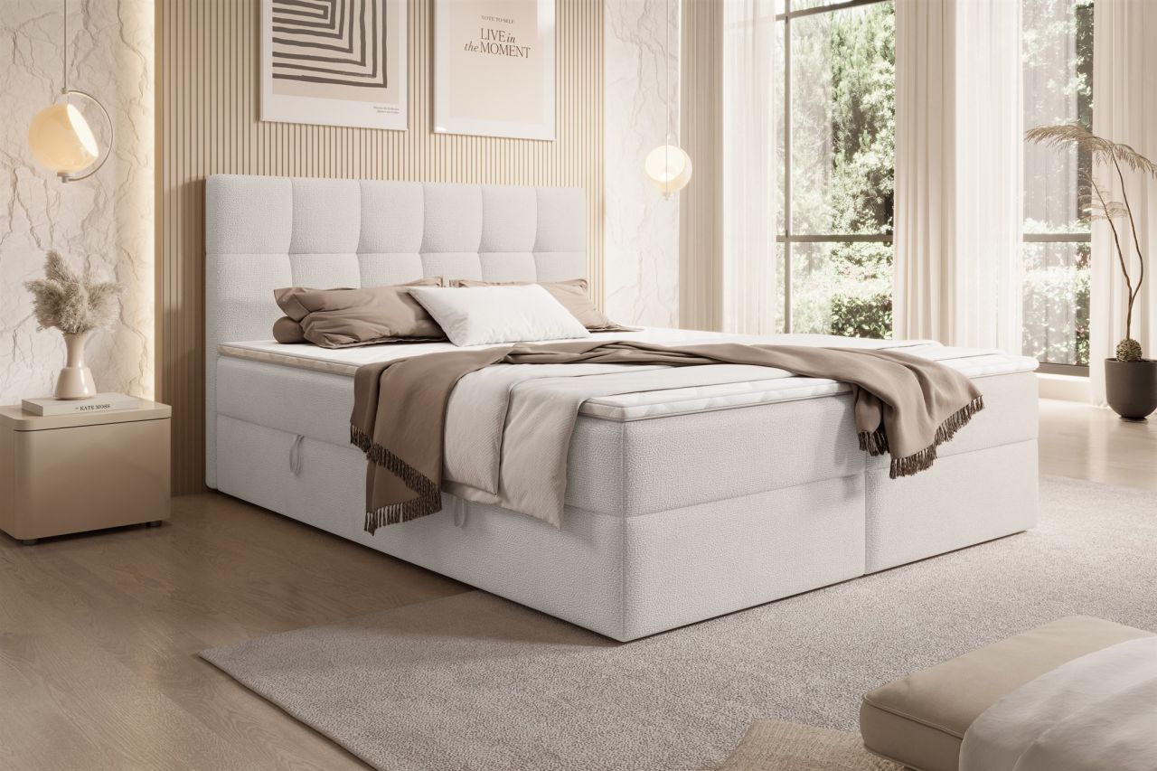 Boxspringbett Schlafzimmerbett ARTURO 200x200cm Stoff Freya Altweiß