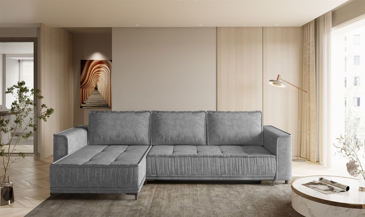 Ecksofa Schlafsofa Sofa JUNA Stoff Terra Grau Ottomane Links