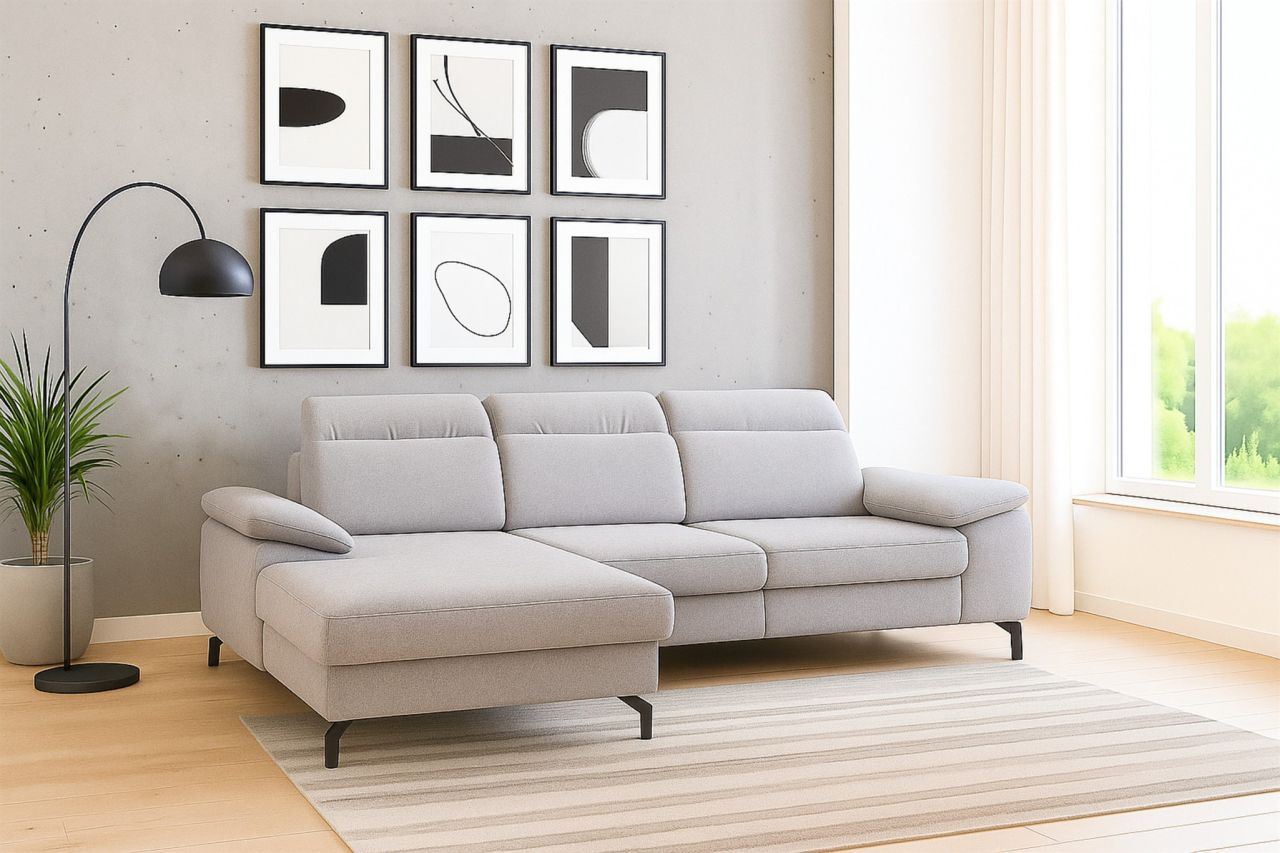 Ecksofa mit Schlaffunktion Sofa MARGIT in Stoff Alfa Hellgrau Ottomane Links