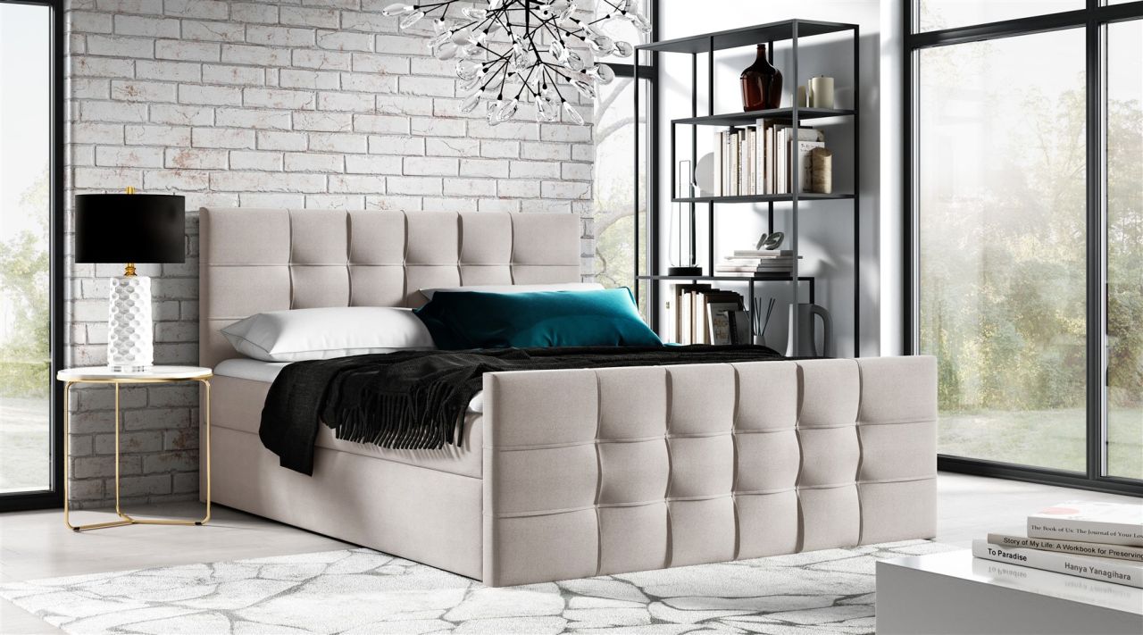 Boxspringbett Schlafzimmerbett NOEL 160x200cm Stoff Beige inkl. Bettkasten