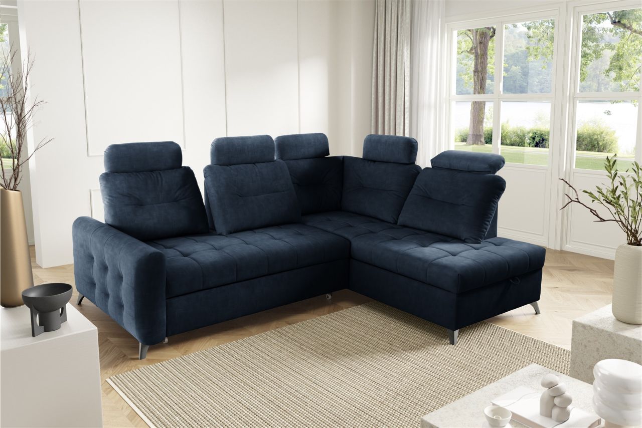 Ecksofa Schlafsofa Sofa WENDIE Stoff Hold Me Dunkelblau Ottomane Rechts