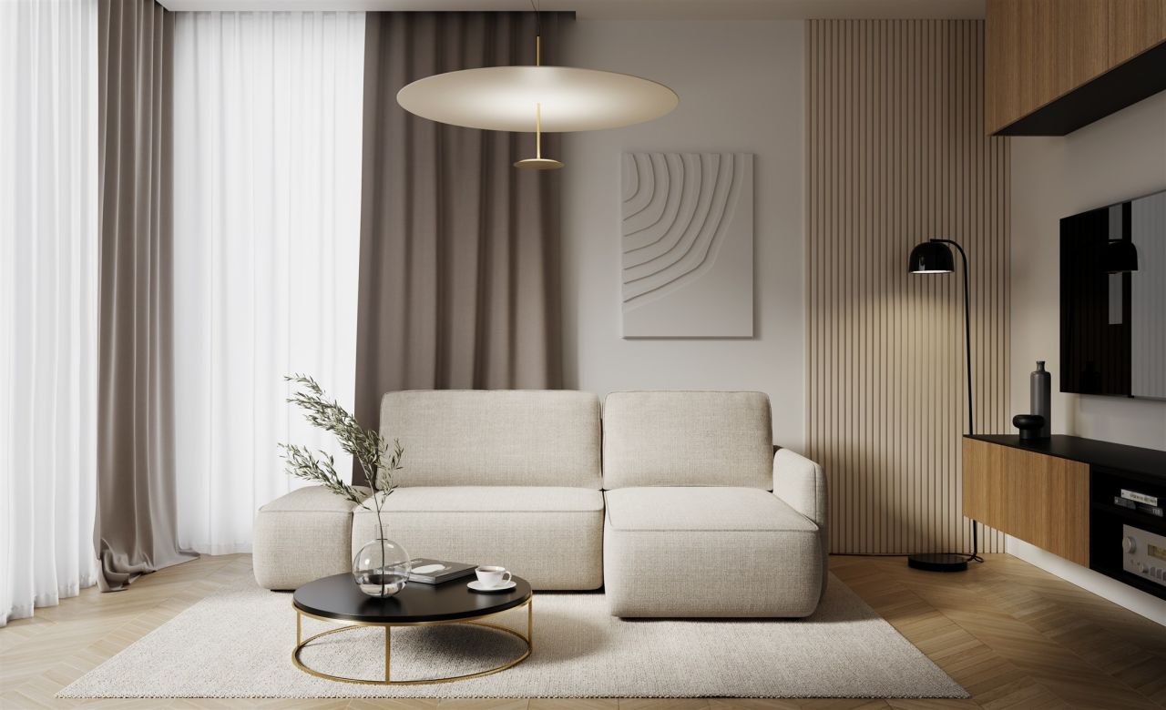 Ecksofa mit Schlaffunktion Sofa LUKA in Stoff Cremona Beige Ottomane Rechts