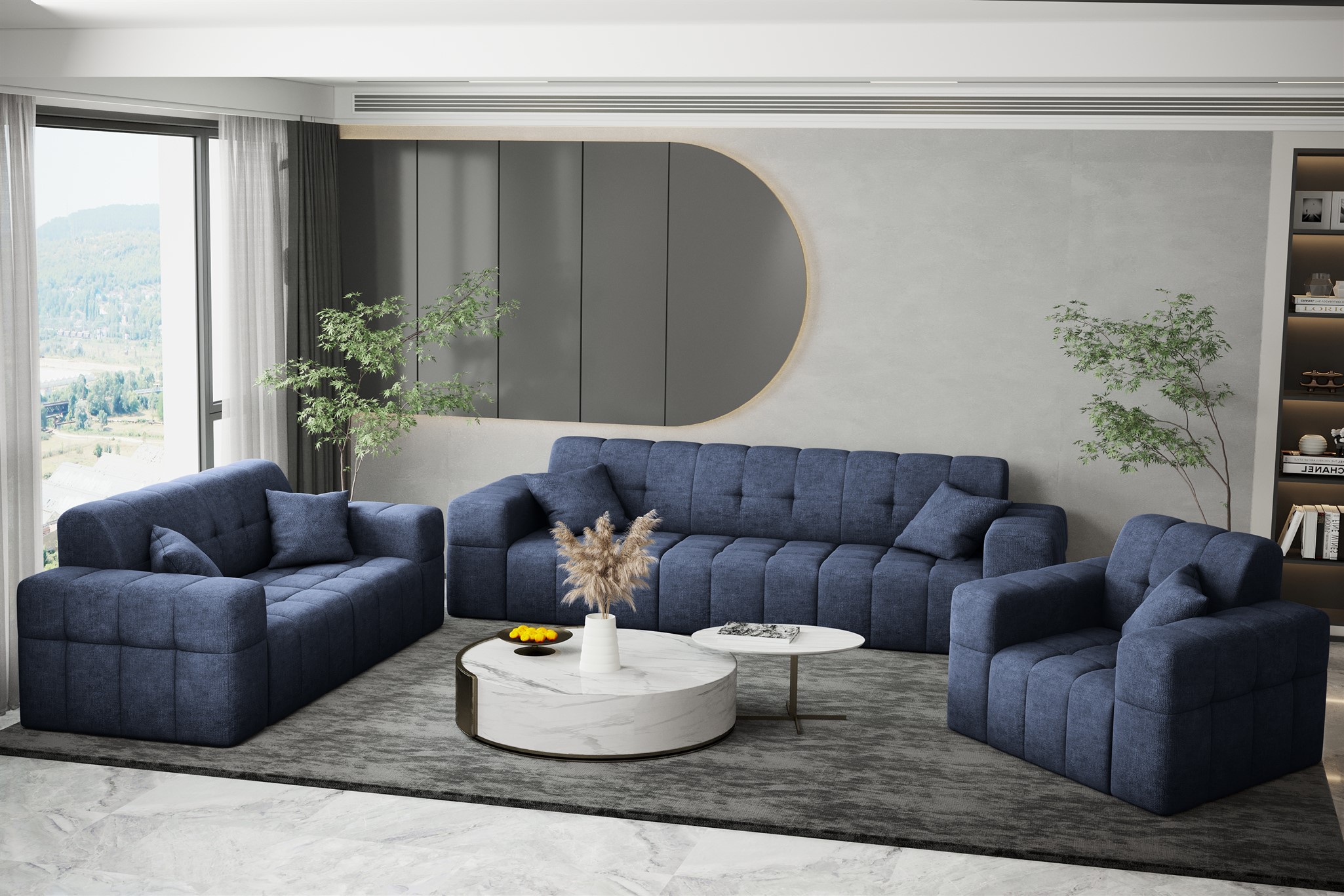 Sofaset Designersofa NANCY 3-2-1 in Stoff Perfekt Harmony Marineblau | Couchgarnituren | Polstermöbel