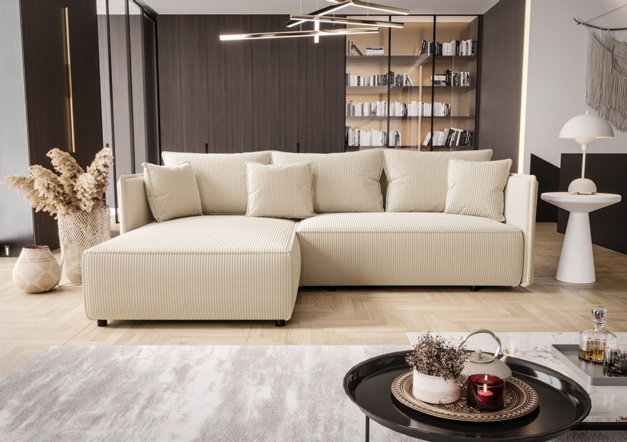 Ecksofa Schlafsofa EVORA Stoff Poso Creme Ottomane Links