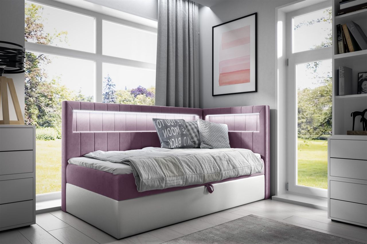 Boxspringbett Gästebett Kinderbett FABIAN Nr.3 100x200cm Weiss-Rosa Seite Rechts