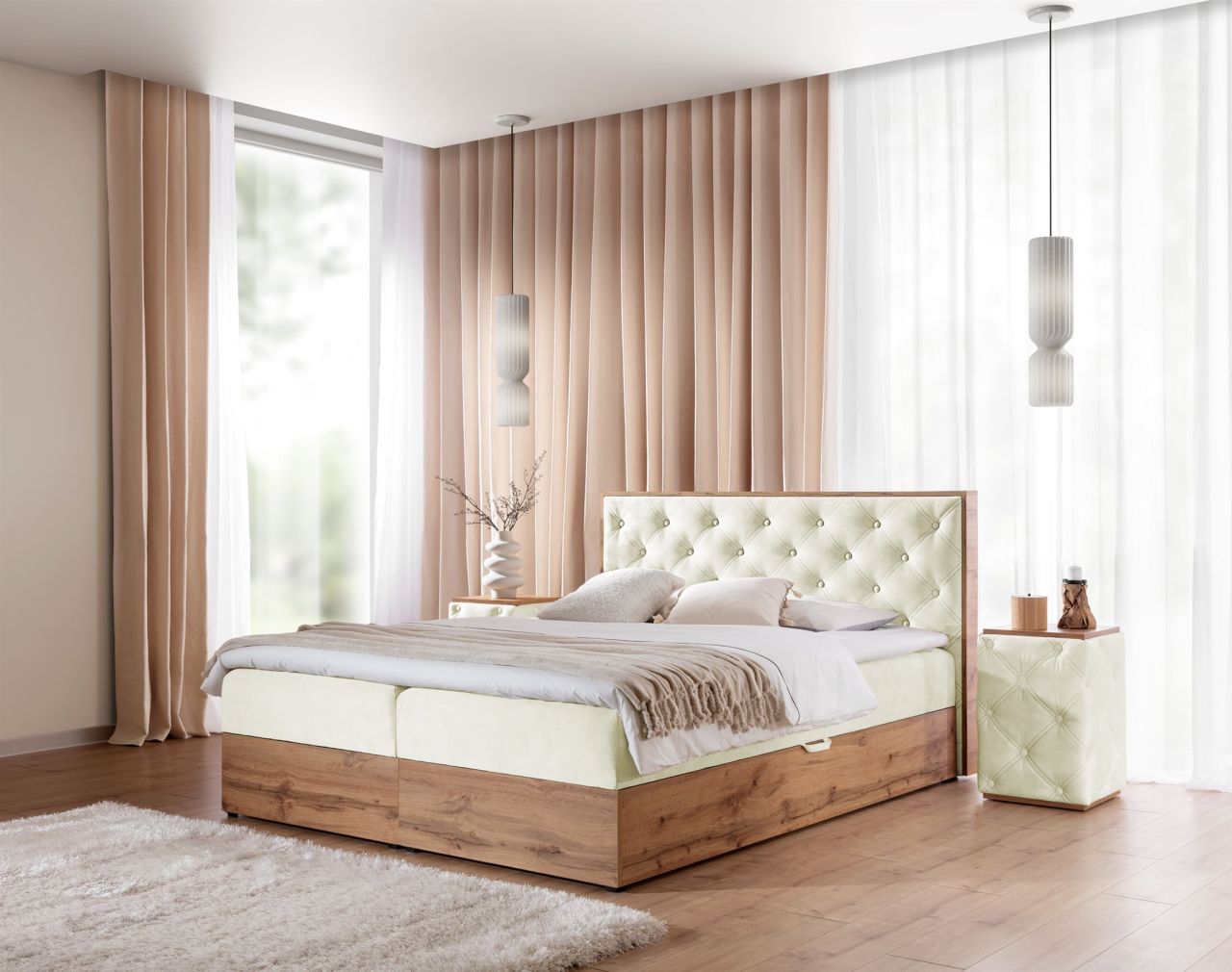 Boxspringbett Schlafzimmerbett MAXIMO 140x220cm in Stoff Torre Creme
