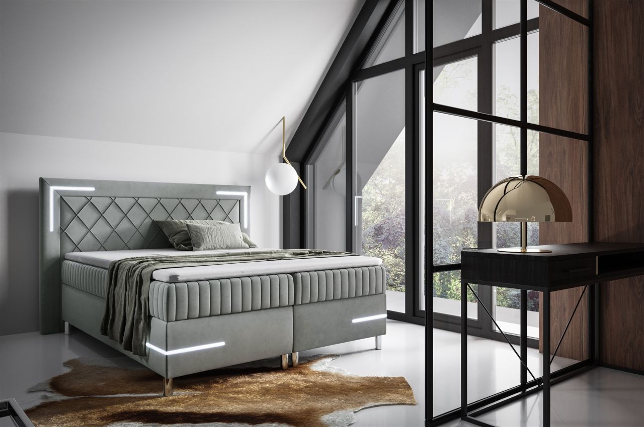 Boxspringbett Schlafzimmerbett 160x200cm AMORE Nr.3 Silbergrau inkl. LED-Bele...