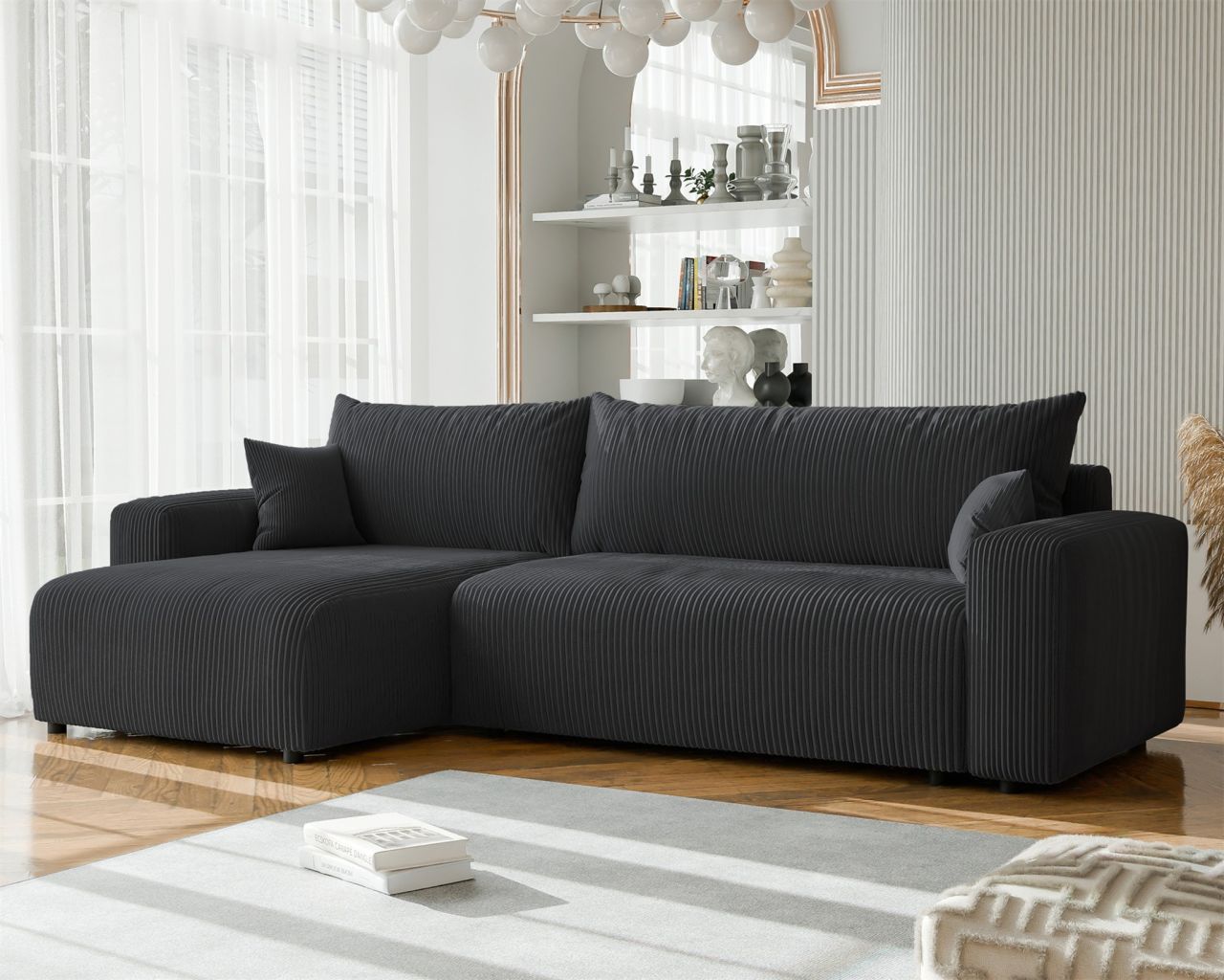 Ecksofa mit Schlaffunktion LUNA MAX in Stoff Poso Dunkelgrau Ottomane Links
