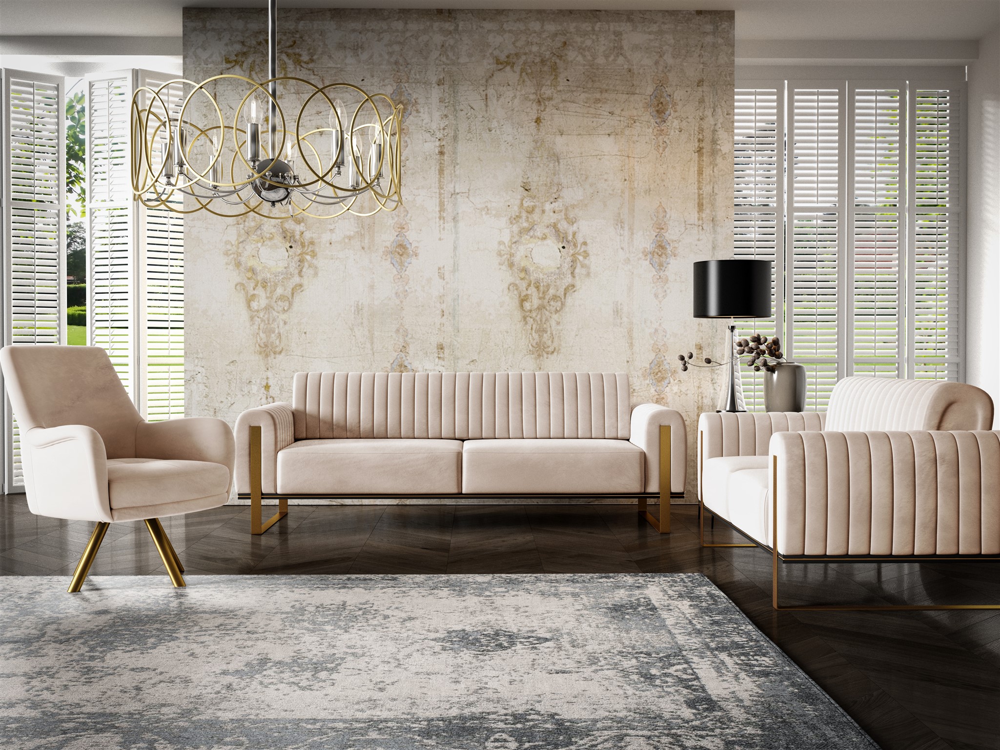 Sofaset Designersofas VALERIE 3-2-1 in Stoff Stoff Elisa Velvet Beige | Couchgarnituren | Polstermöbel