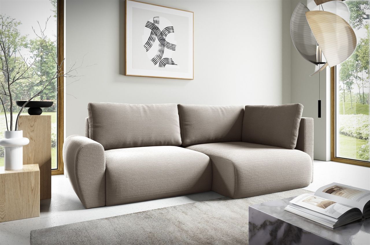 Fun Möbel Beige Ecksofa Schlafsofa Galan Mini Stoff Poso Ottomane Rechts
