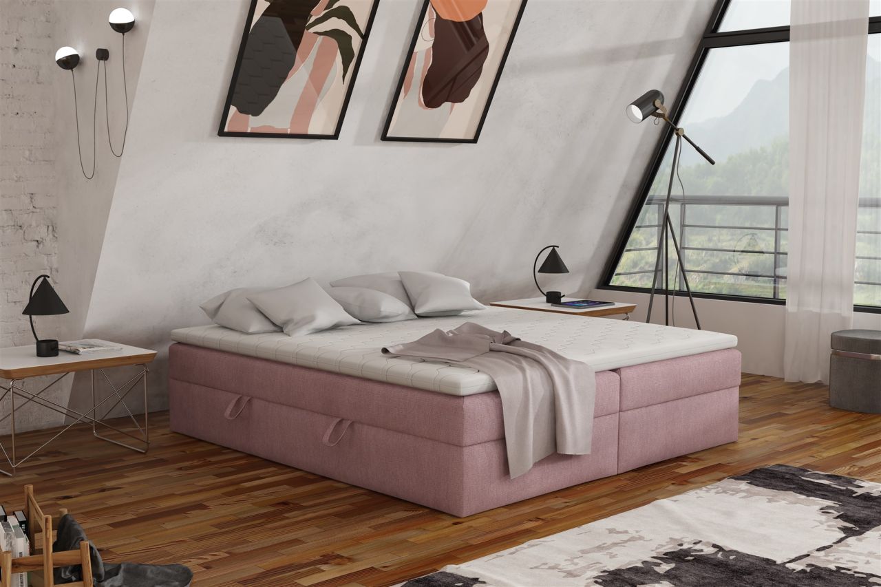 Boxspringbett Schlafzimmerbett ANTONY 140x200cm Stoff Rosa inkl. Bettkasten