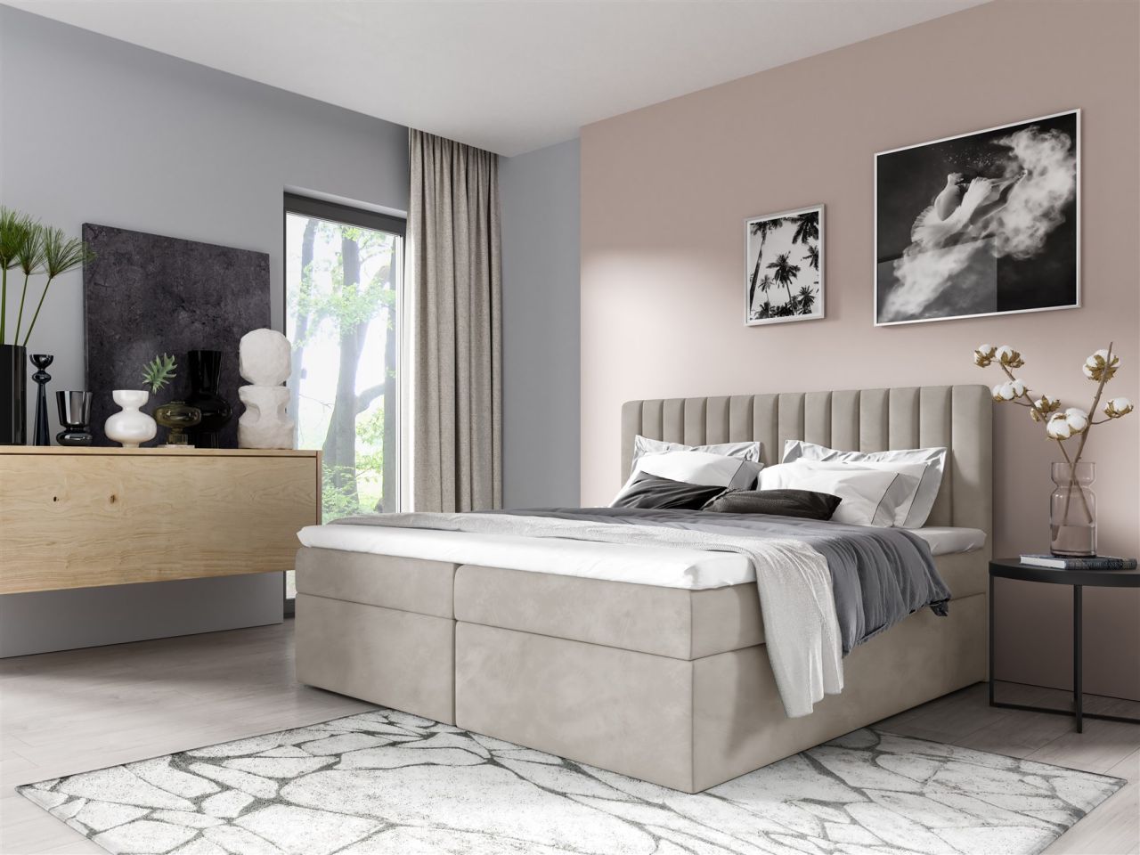 OUTLET Boxspringbett Schlafzimmerbett LINNEA 180x200cm Stoff Beige inkl. Bett...