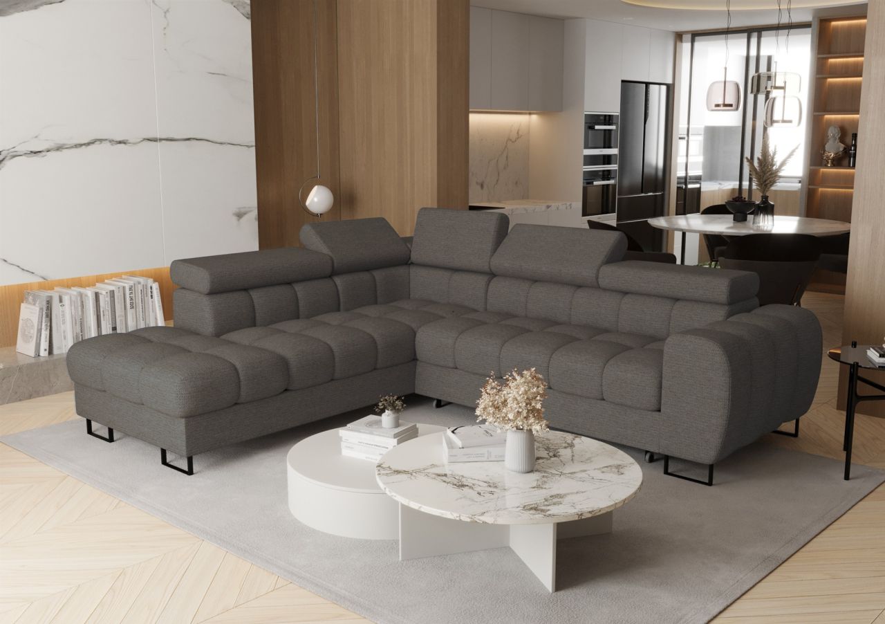 Ecksofa Schlafsofa BASTIEN MAX in Stoff Aragon Dunkelgrau Ottomane Links