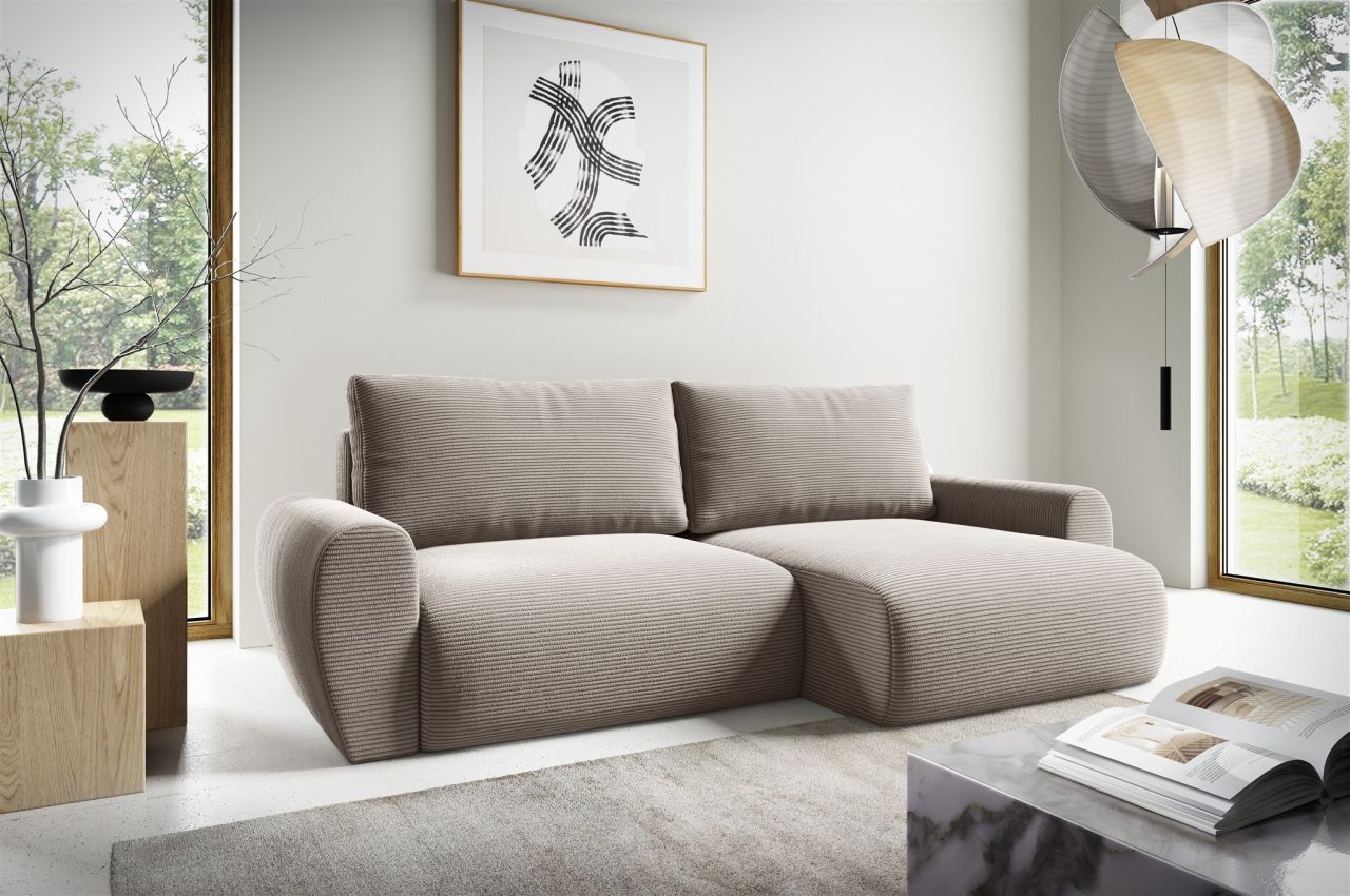 Fun Möbel Beige Ecksofa Schlafsofa Galan Stoff Poso Ottomane Rechts