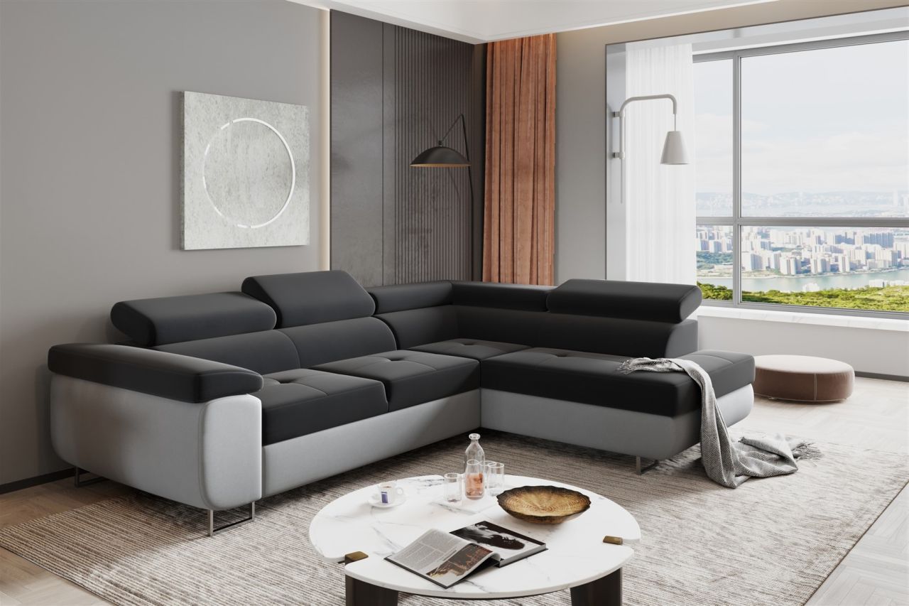 Couchgarnitur JADE Stoff Hellgrau-Anthrazit mit Schlaffunktion Ottomane Rechts