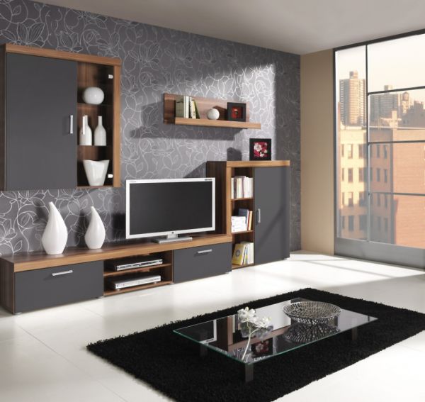 Wohnwand Schrankwand 4 tlg. YORK Zwetschke-Grafit mit LED-Beleuchtung