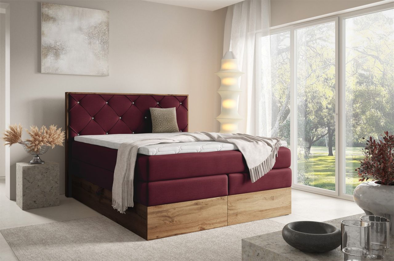 Boxspringbett Schlafzimmerbett NAVEL 140x200cm in Stoff Rouge Bordeauxrot