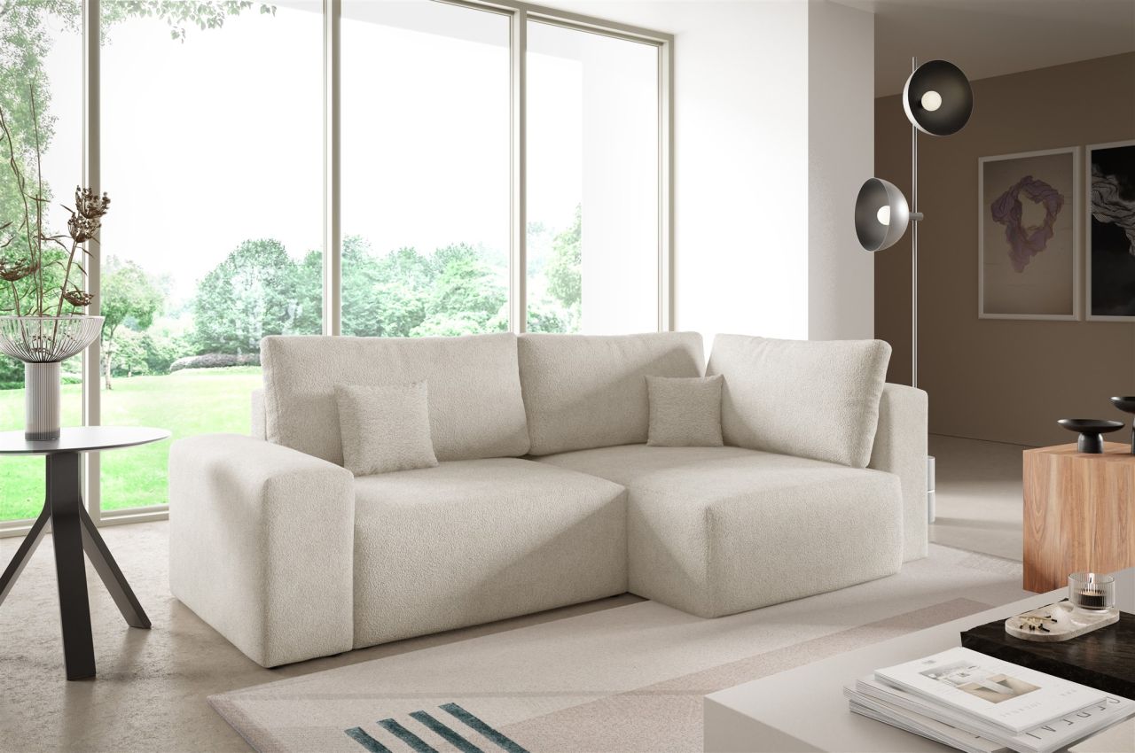 Ecksofa Schlafsofa Sofa ARONA in Stoff Centaur Creme Ottomane Rechts