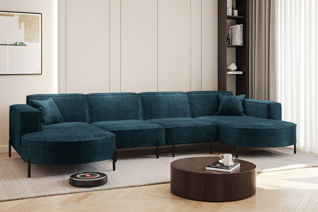 Wohnlandschaft U-Form Sofa VALENCIA XL in Stoff Noel Blau