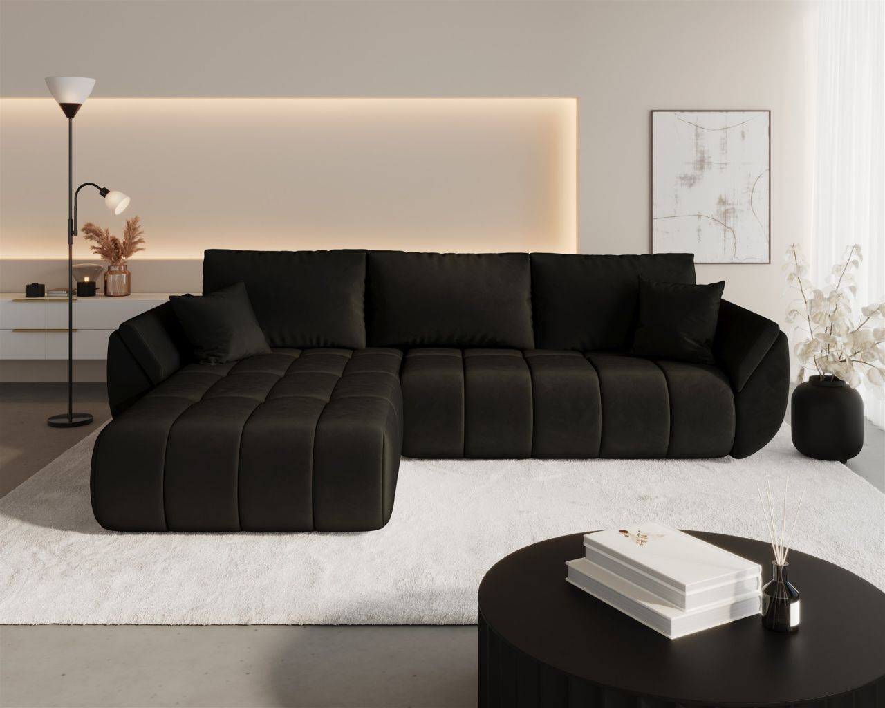 Ecksofa Schlafsofa MISATO Stoff Monolith Dunkelbraun Ottomane Links