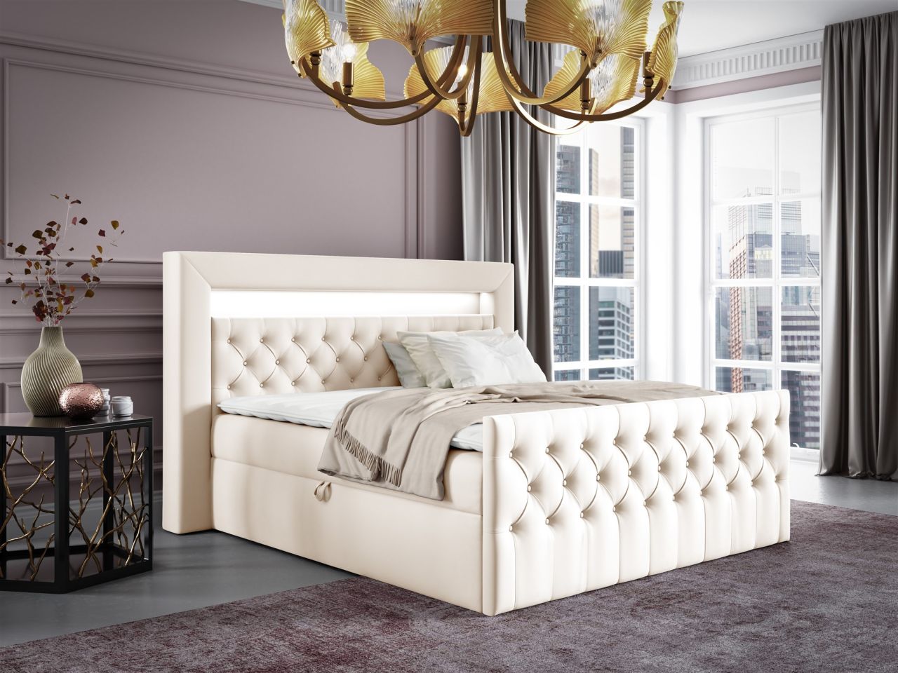 Boxspringbett Schlafzimmerbett ERNESTO Nr.1 160x200cm in Elisa Velvet Cremeweiß