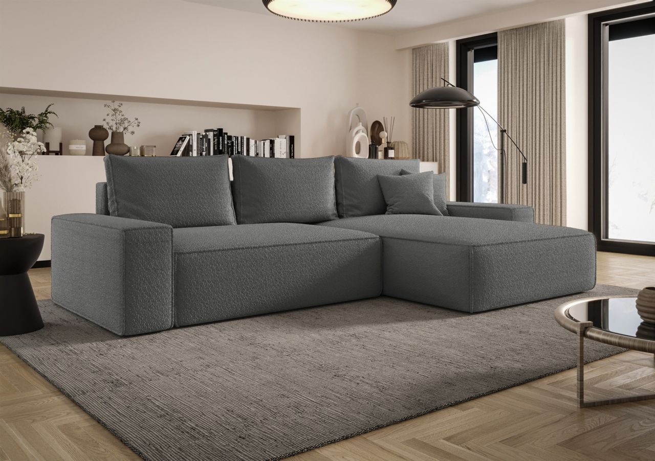 Ecksofa Schlafsofa Sofa WALKEN Stoff Quelle Dunkelgrau Ottomane Rechts