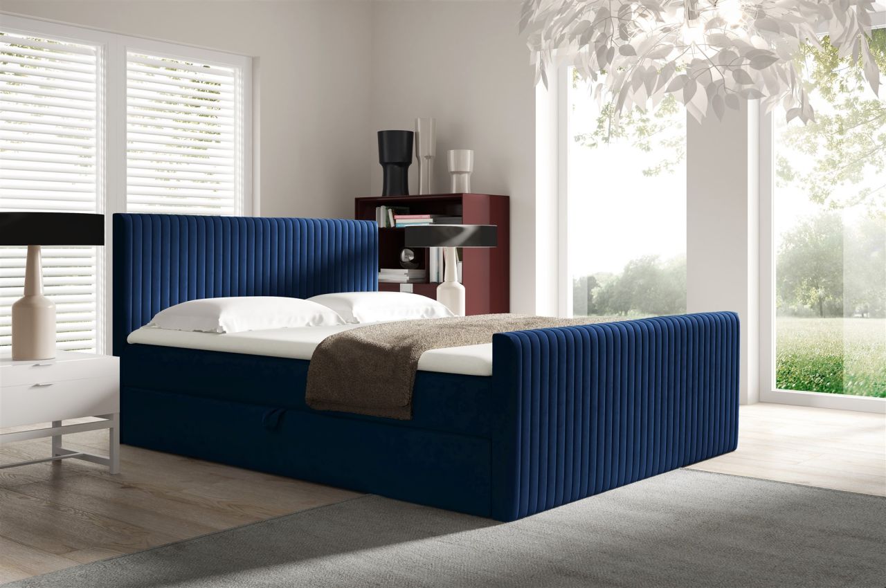 Boxspringbett Schlafzimmerbett ADRIEN 120x200cm in Stoff Fresh Dunkelblau