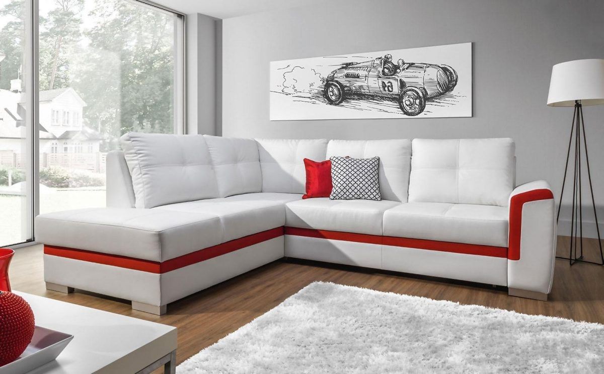 Ecksofa Schlafsofa VERONIK Weiss / Rot Ottomane Links