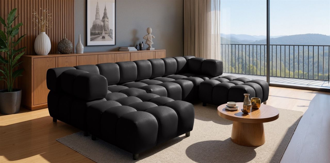 Sofa ersofa FLOW 3-Sitzer inkl. 2 x Polsterhocker Stoff Bluvel Schwarz