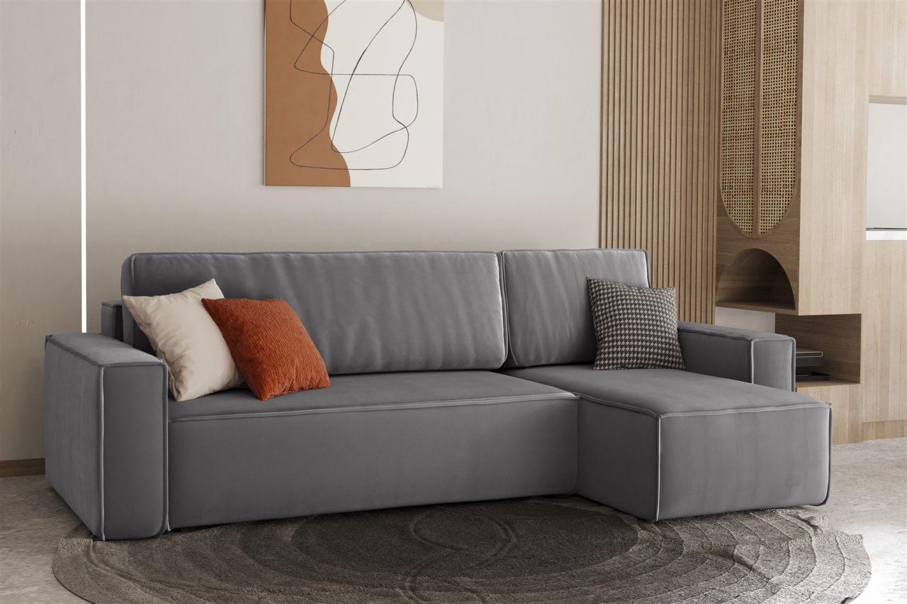 Ecksofa Schlafsofa Sofa MARIS Stoff Grau Ottomane Rechts