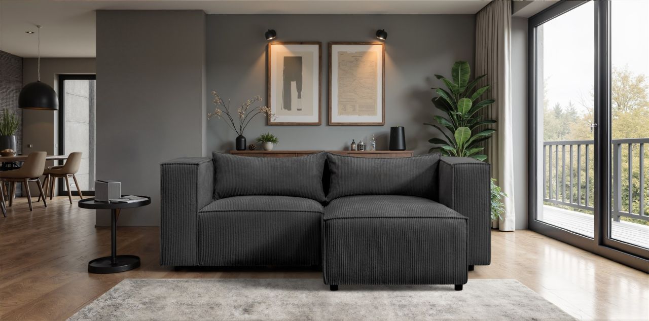 Ecksofa ersofa NEVIO XS in Stoff Lincoln Schwarz Ottomane Rechts