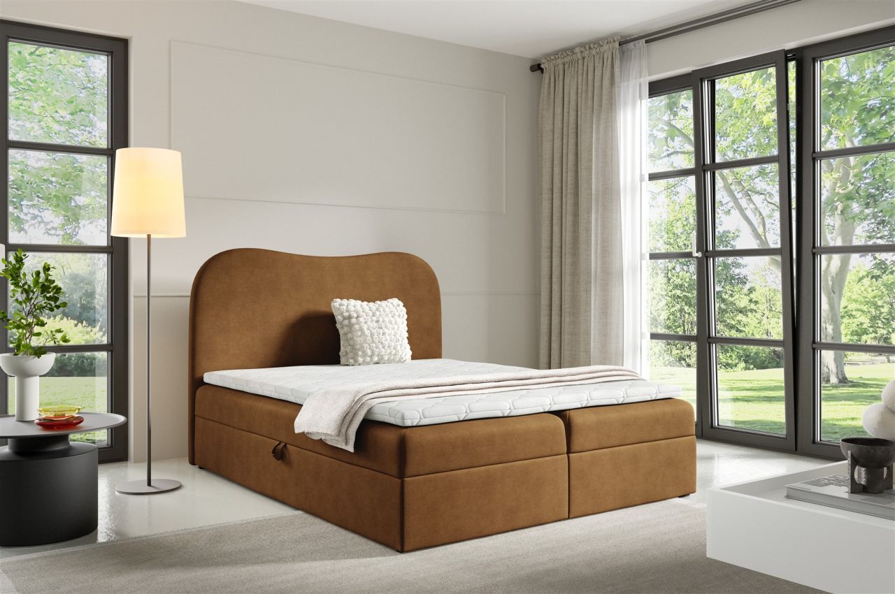 Boxspringbett Schlafzimmerbett DARLIN PREMIUM 140x220cm Stoff Gerra Goldbraun