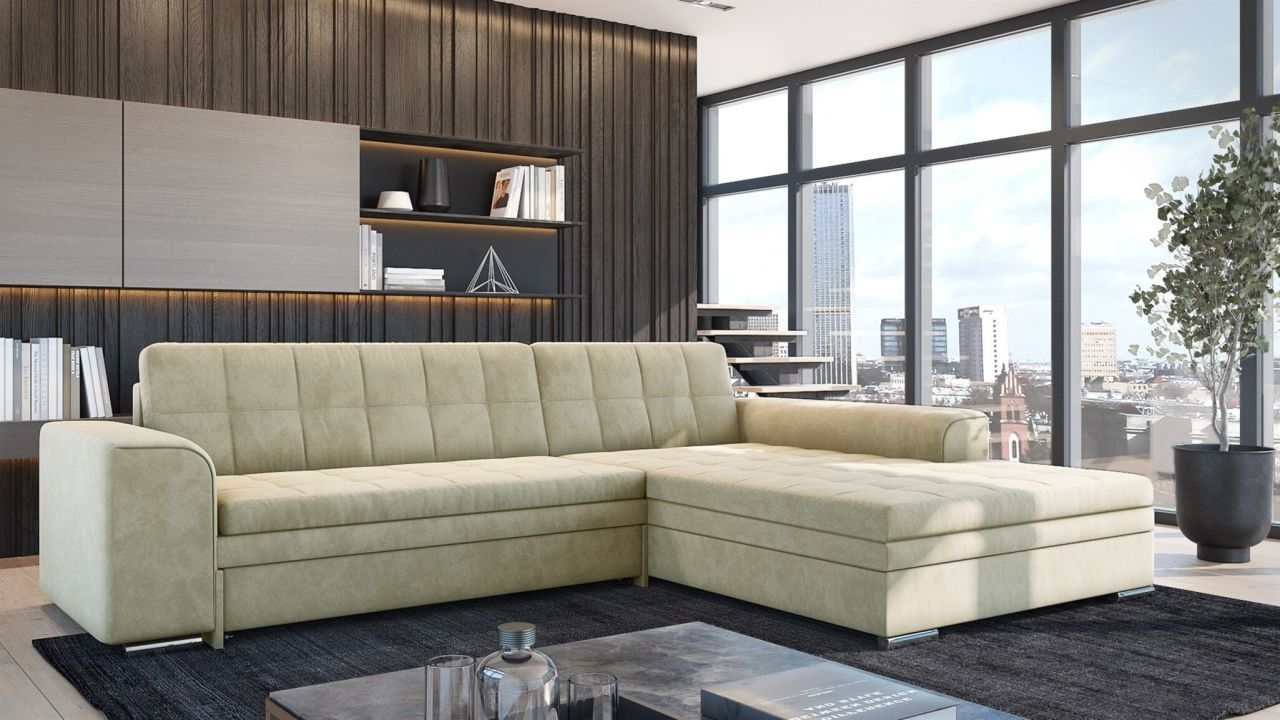 Ecksofa Schlafsofa Sofa LUSAKA in Stoff Fresh Creme Ottomane Rechts