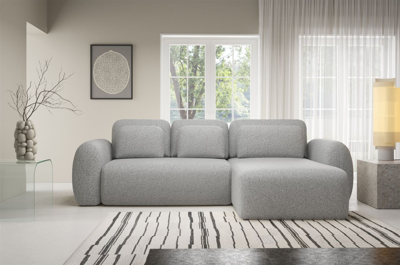 Ecksofa Schlafsofa Sofa GASTON in Stoff Puente Hellgrau Ottomane Rechts