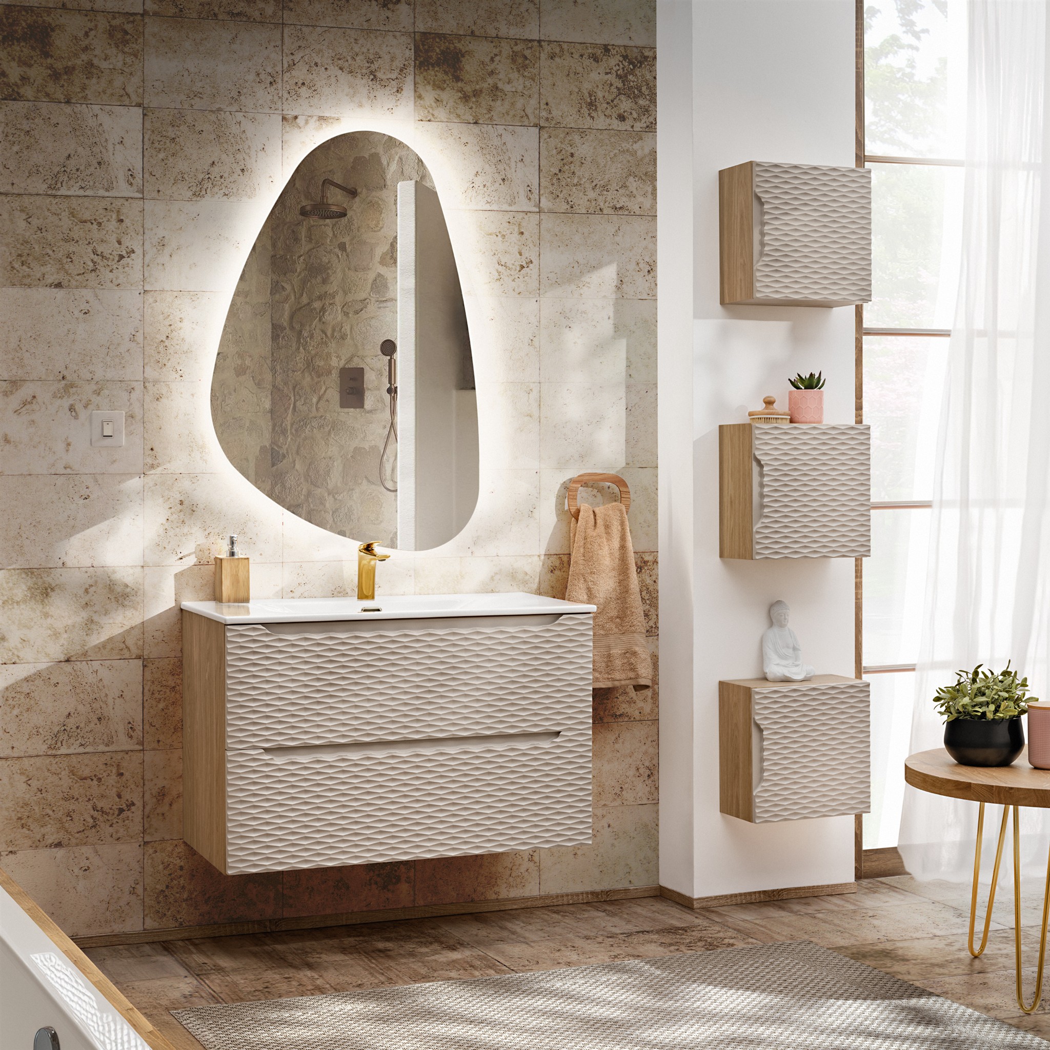 Badmöbel Set 5-tlg Badezimmerset LAXY Eiche Beige Schrank 80cm inkl. Waschtisch | LAXY | Badkombination / Modern | Badmöbel