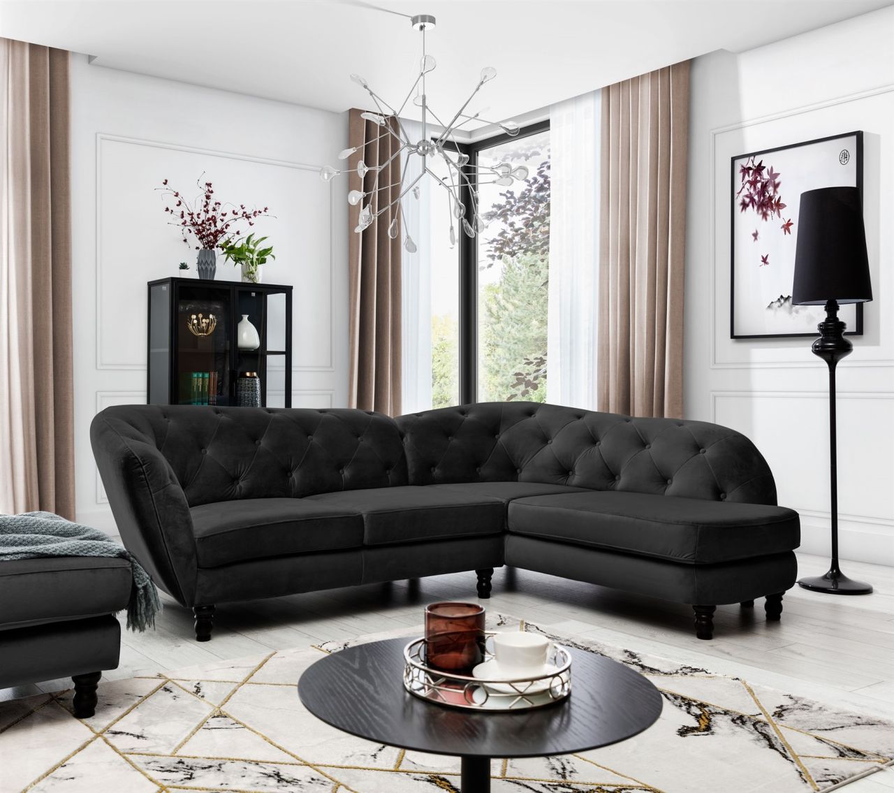 Ecksofa ersofa CHARLOTTE in Stoff Matt Velvet Schwarz Ottomane Rechts