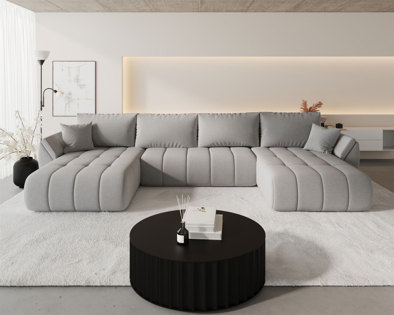 Wohnlandschaft Sofa mit Schlaffunktion MISATO Stoff Wind Hellgrau