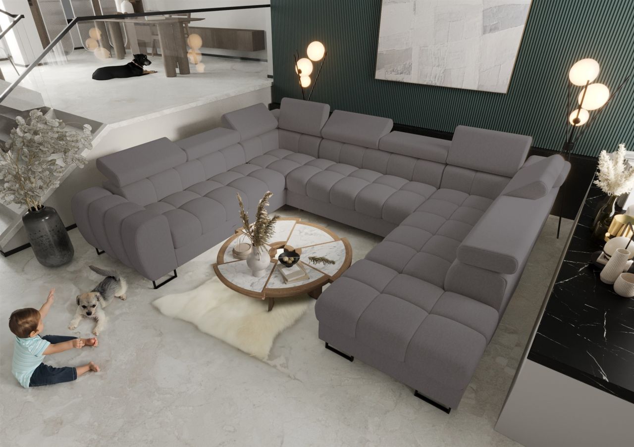 Wohnlandschaft Schlafsofa BASTIEN XL in Stoff Gemma Dunkelgrau Ottomane Rechts