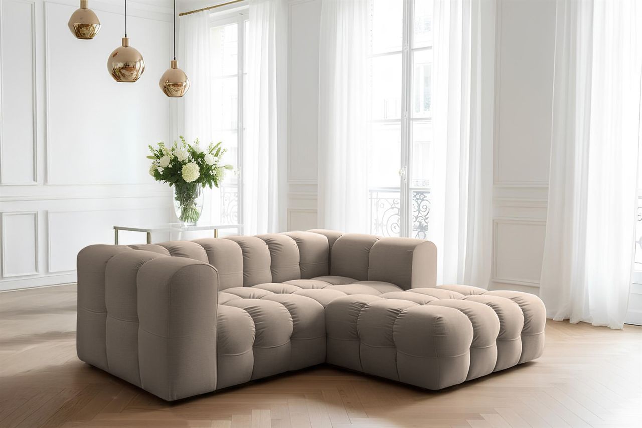 Ecksofa ersofa SOLVIE XS in Stoff Tiffani Taupe Ottomane Rechts