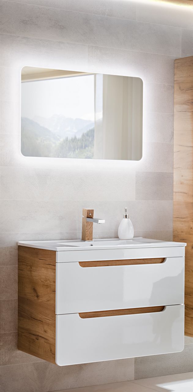 Badmöbel Set 2-tlg Badezimmerset FERMO Weiss HGL inkl.Waschtisch 80cm