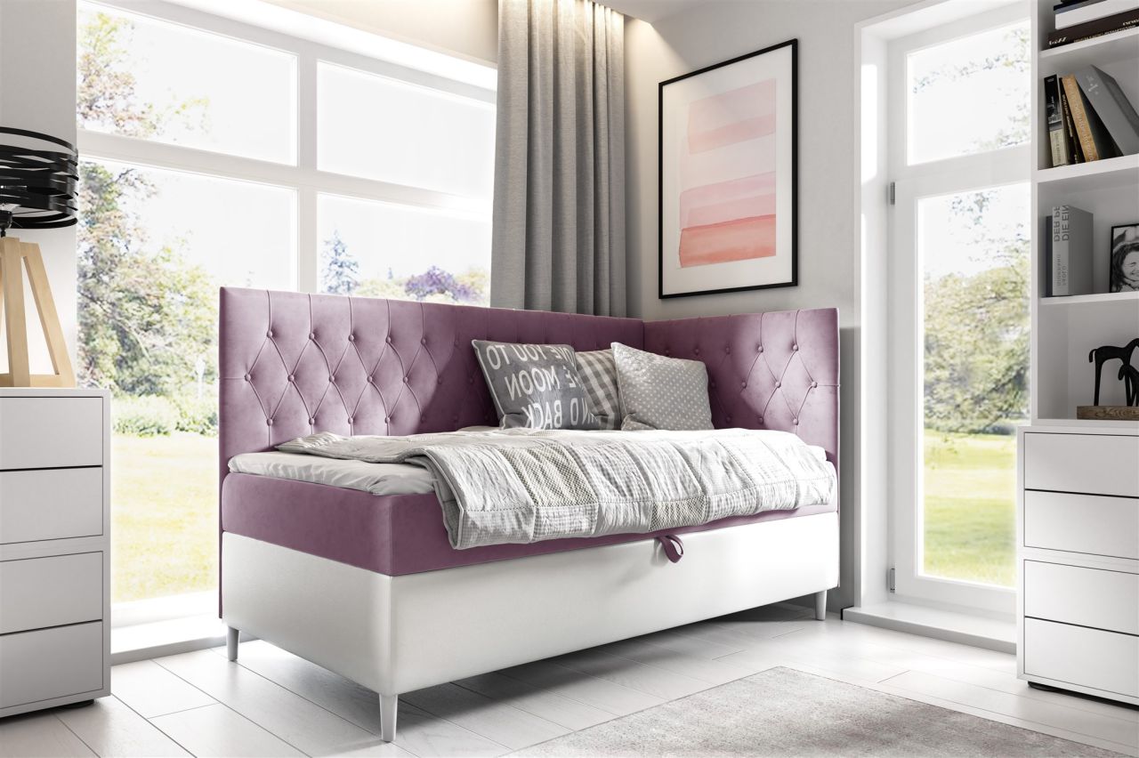 Boxspringbett Gästebett Kinderbett FINJA Nr.3 90x200cm Weiss-Rosa Seite Rechts