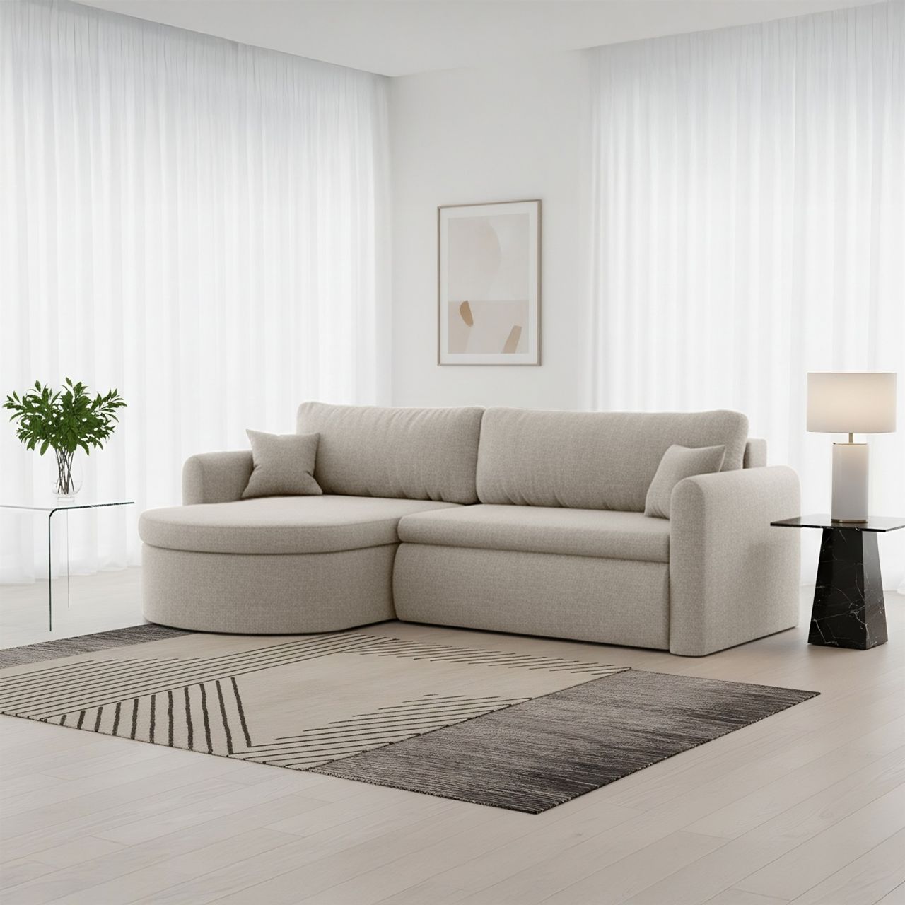 Ecksofa Schlafsofa FELIZ Stoff Faro Beige Ottomane Links