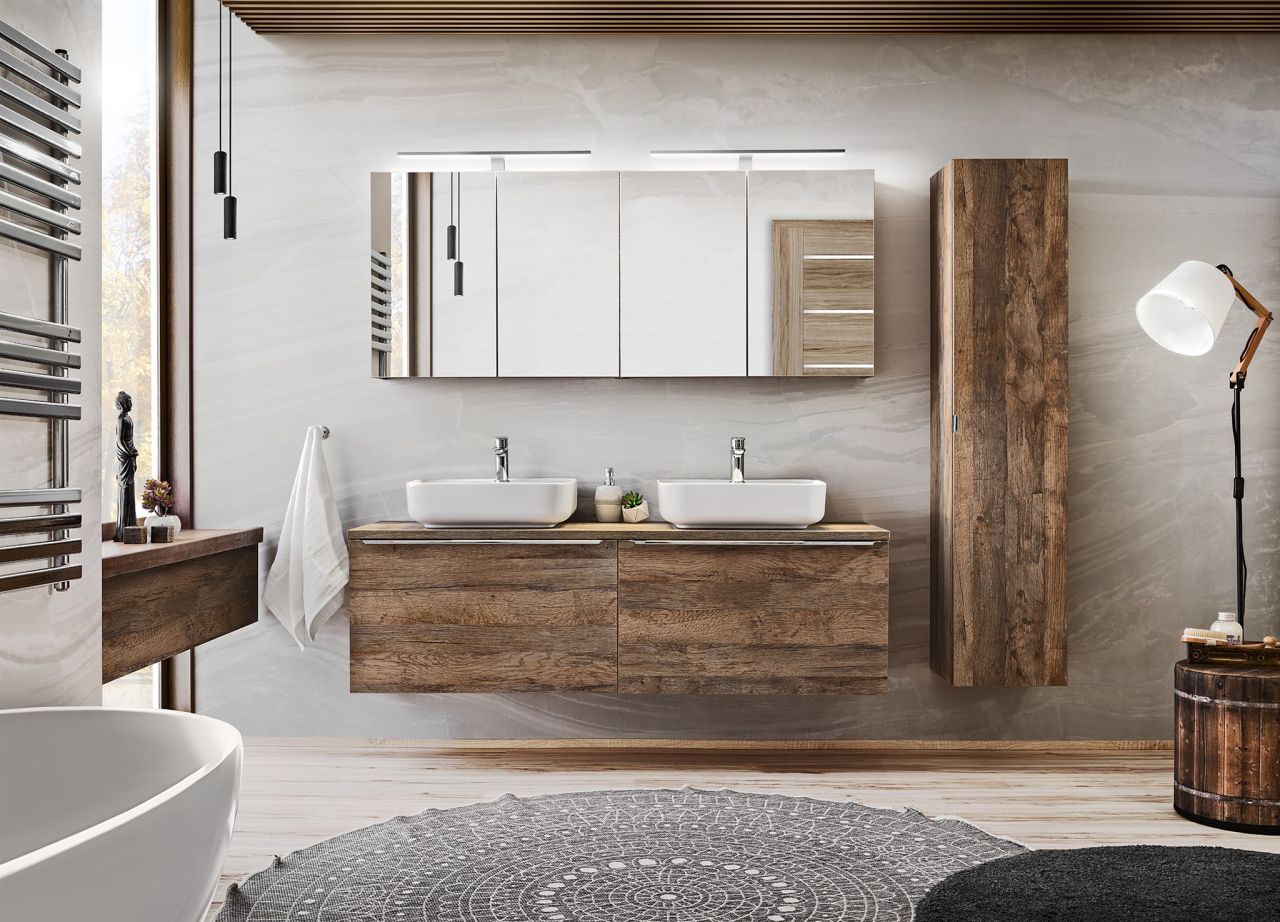 Badmöbel Set 7-tlg Badezimmerset AKAN Vintage Eiche inkl. Waschtisch