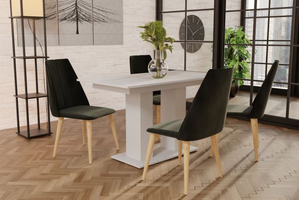 Essgruppe Weiss matt-Tisch mit 4 Dunkelgrau CAROS Stühlen für Esszimmer oder Küche | Esstisch mit Stühlen | Essgruppen | Wohn-& Essbereich
