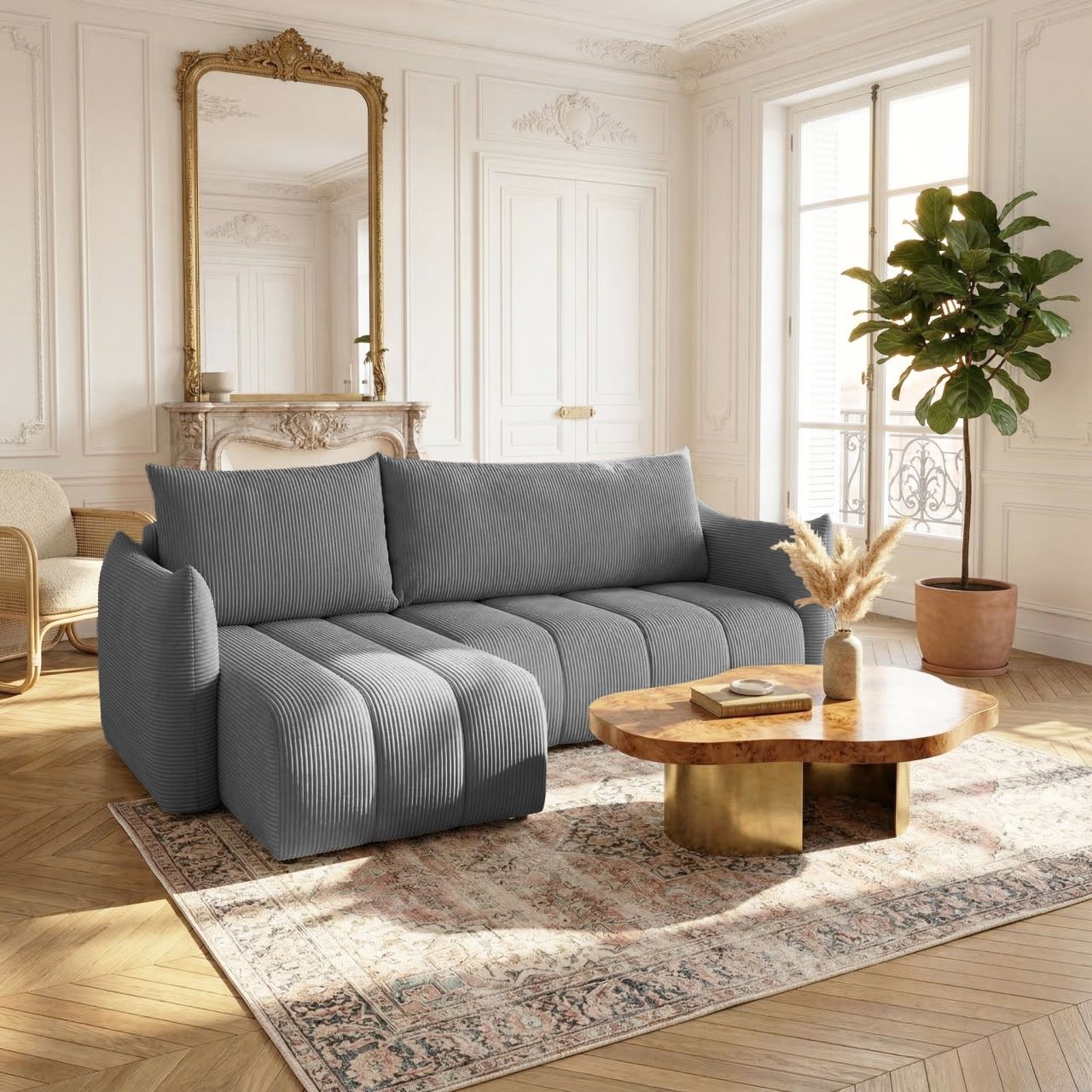 Ecksofa Schlafsofa ONTARIO XS in Stoff Poso Grau Ottomane Links
