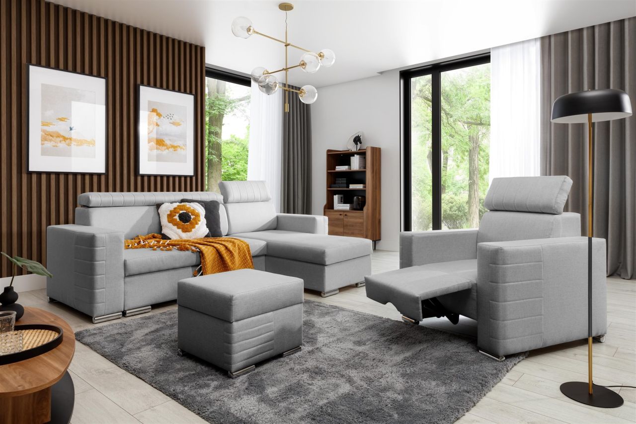 Ecksofa inkl. Hocker und Sessel CANTON Stoff Liverpool Aschgrau Ottomane Rechts